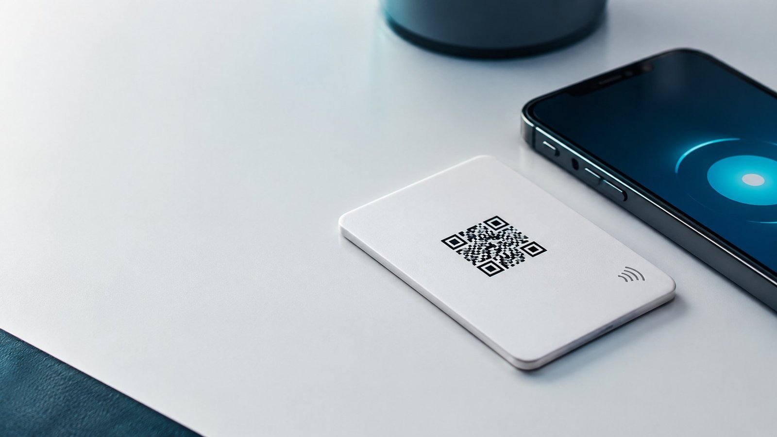 Realistic close-up of a QR and NFC tag card beside a smartphone